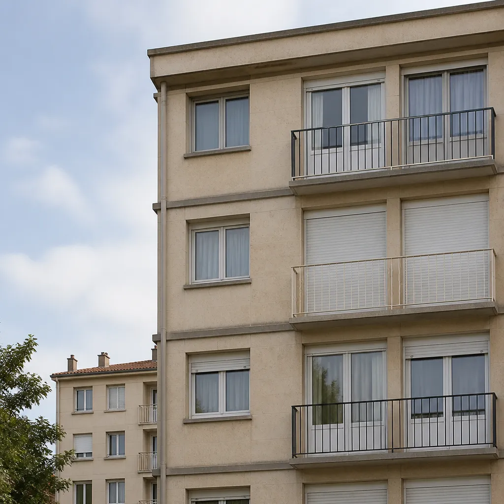 Détail architectural d’un immeuble résidentiel, enduit clair et balcons simples