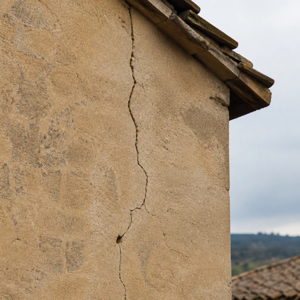 Fissure visible sur une façade enduite, vue documentaire
