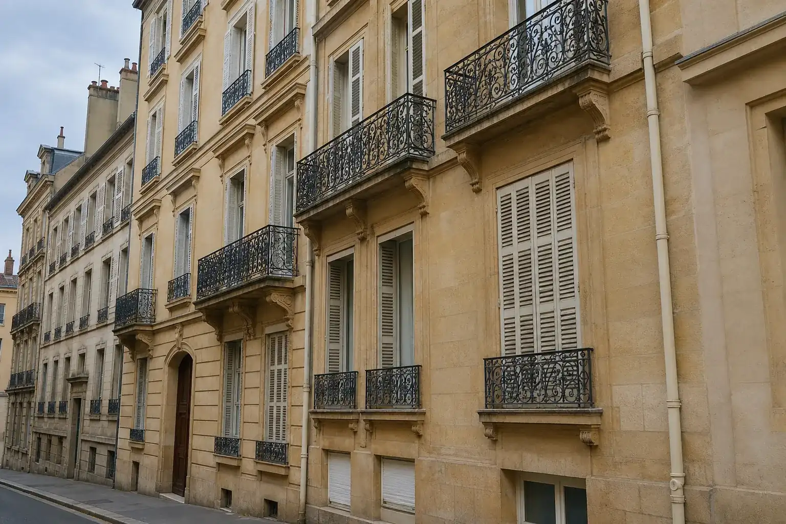 Façade d’un immeuble ancien en pierre dorée, balcons en fer forgé, rue calme