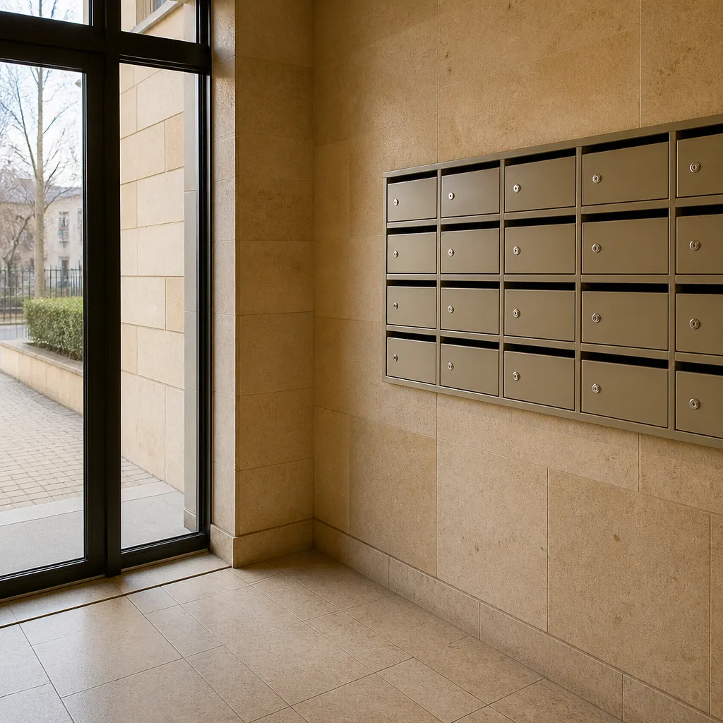 Hall d’entrée d’un immeuble avec une rangée de boîtes aux lettres
