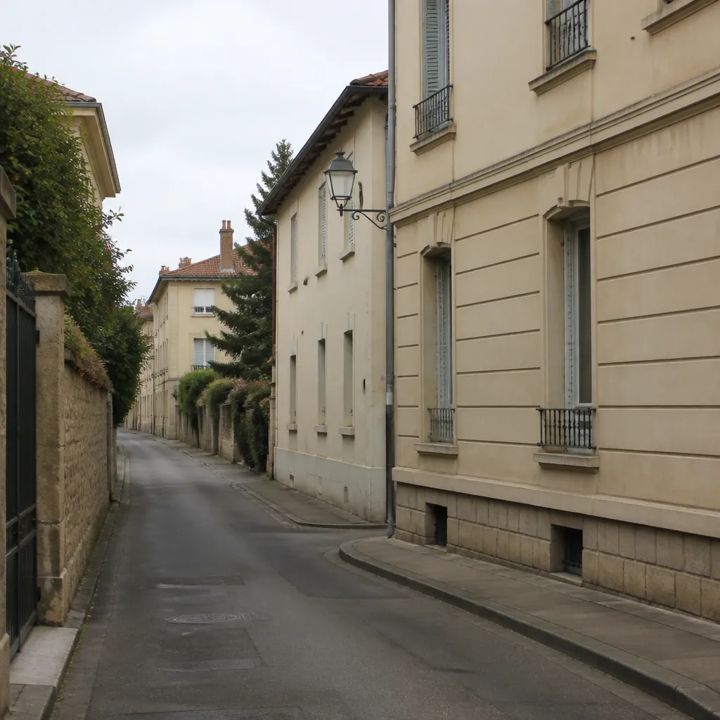 Rue résidentielle calme dans un quartier proche de Lyon, façades enduites